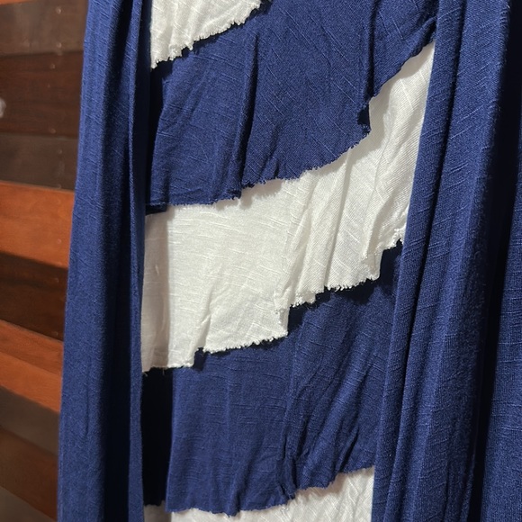 Le Rouge Stretchy Scoop Neck Long Sleeve Navy and White Built in Cardigan Blouse - Picture 5 of 9